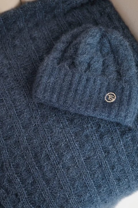 Komplet damski czapka i szalik prążkowany z ozdobą jeansowy