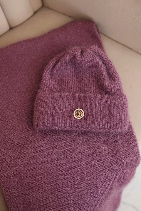 Komplet damski z czapką i kominem z miękkiej dzianiny ciemno różowy