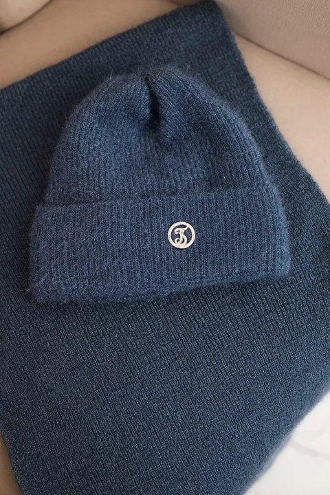 Komplet damski z czapką i kominem z miękkiej dzianiny jeansowy