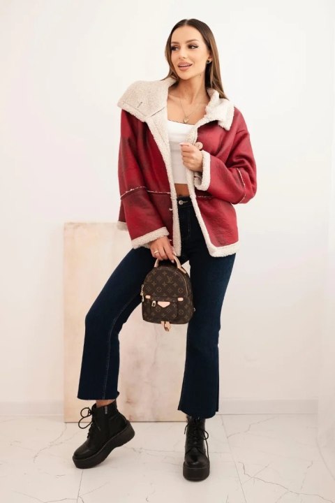 Kurtka damska Plus Size ocieplana z barankiem i guzikami krótki fason bordowa