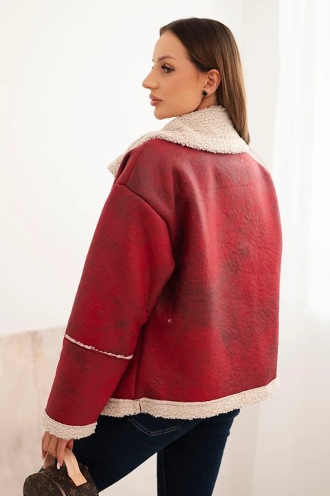 Kurtka damska Plus Size ocieplana z barankiem i guzikami krótki fason bordowa