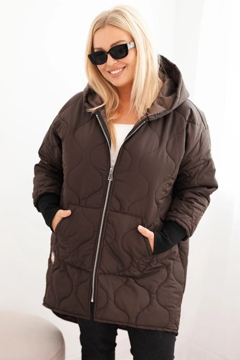 Kurtka damska Plus Size pikowana z kapturem brązowa
