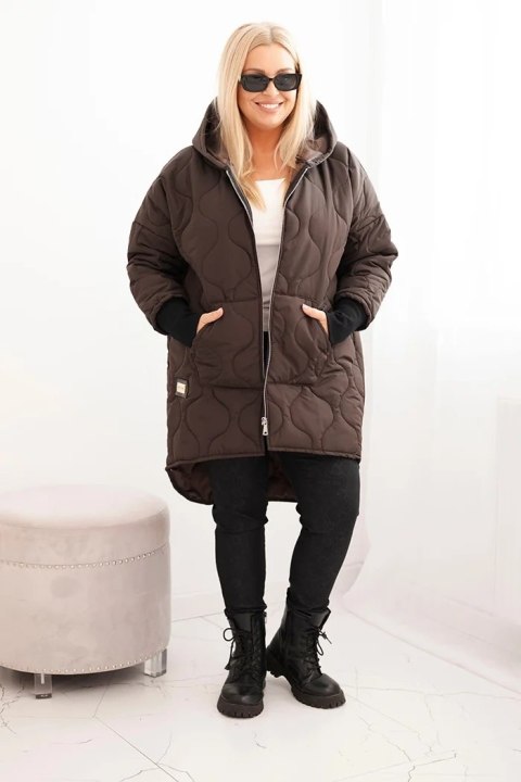 Kurtka damska Plus Size pikowana z kapturem brązowa