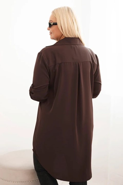 Sukienka damska koszulowa Plus Size z dłuższym tyłem i podwijanym rękawem brązowa