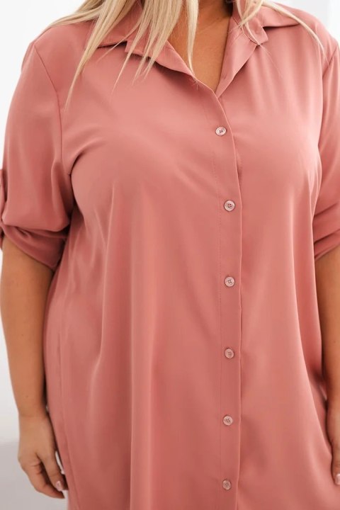 Sukienka damska koszulowa Plus Size z dłuższym tyłem i podwijanym rękawem ciemny pudrowy róż