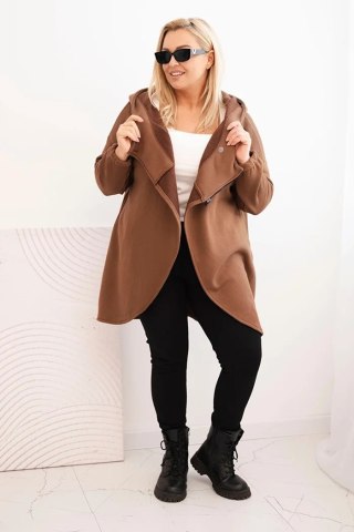 Bluza damska Plus Size ocieplana z kapturem i asymetrycznym zamkiem brązowa