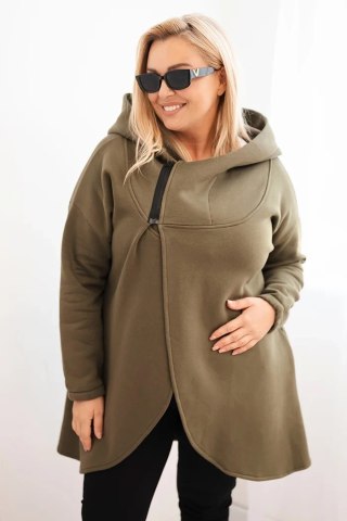 Bluza damska Plus Size ocieplana z kapturem i asymetrycznym zamkiem khaki