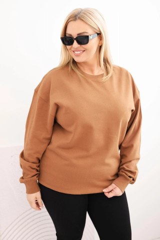 Bluza damska pętelkowa Plus Size bawełniana basic z okrągłym dekoltem camelowa