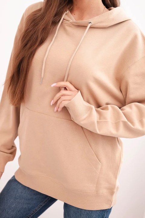 Bluza damska pętelkowa bawełniana z kapturem i kieszenią kangurką camelowa