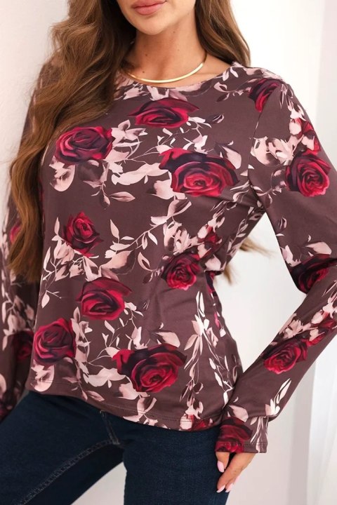 Bluzka damska z wiskozy w kwiaty z długim rękawem brązowa