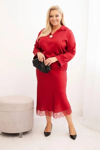 Komplet damska Plus Size z satynowym połyskiem i koronką bordowy