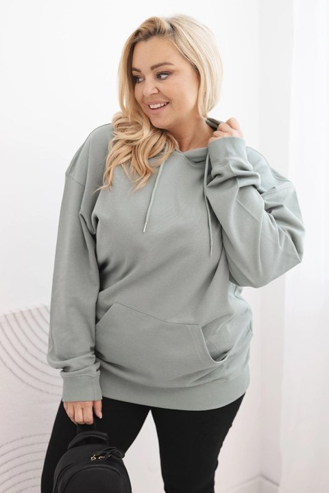 Bluza damska pętelkowa Plus Size bawełniana z kapturem i kieszenią kangurką ciemno miętowa