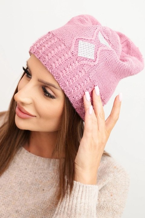 Czapka damska zimowa wełniana z cyrkoniami i wzorem K455 jasno fioletowa