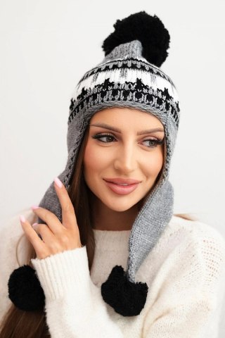 Czapka damska zimowa wełniana z nausznikami i pomponami K436 ciemno szara