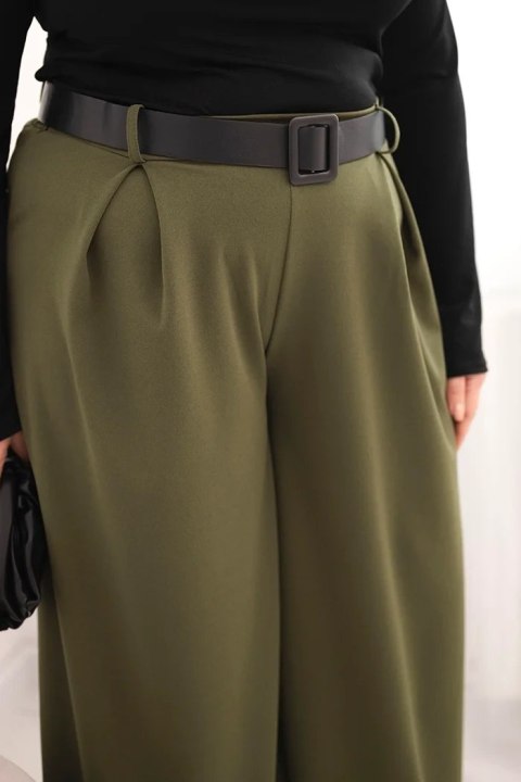 Spodnie damskie Plus Size z szeroką nogawką i paskiem khaki