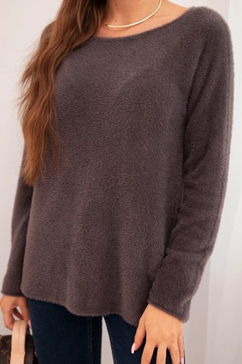 Sweter damski z miękkiej dzianiny z okrągłym dekoltem brązowy