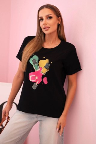 Bluzka damska bawełniana z krótkim rękawem i kolorowym nadrukiem czarna