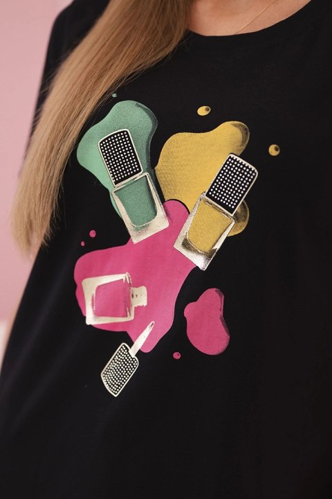 Bluzka damska bawełniana z krótkim rękawem i kolorowym nadrukiem czarna