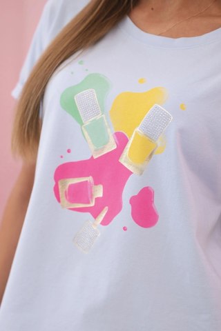 Bluzka damska bawełniana z krótkim rękawem i kolorowym nadrukiem niebieska