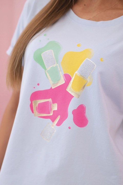 Bluzka damska bawełniana z krótkim rękawem i kolorowym nadrukiem niebieska