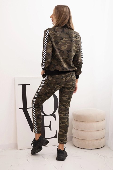 Komplet dresowy damski moro z bawełny z zamkiem i ściągaczami khaki+czarny