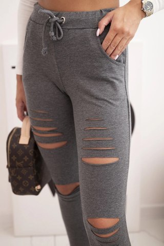 Spodnie damskie bawełniane z przetarciami i gumką w pasie grafitowe