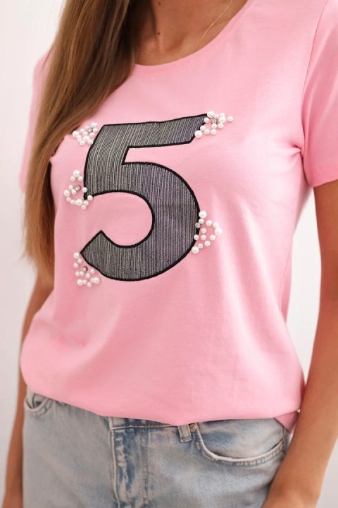 Bluzka damska z krótkim rękawem i naszywką z perełkami jasno różowa