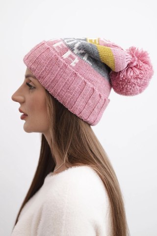 Czapka damska zimowa z wełną i napisem z dużym pomponem K422 ciemny pudrowy róż