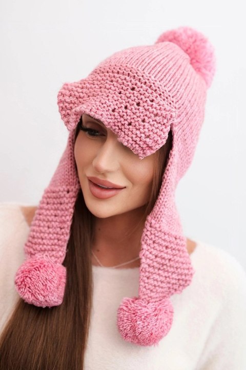 Czapka damska zimowa z wełną z daszkiem i pomponami K475 różowa