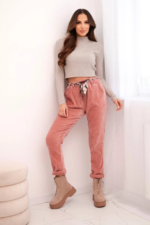 Spodnie damskie z wiskozy z apaszkowym paskiem ciemno różowe