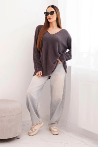 Sweter damski brązowy z wełną z dekoltem V