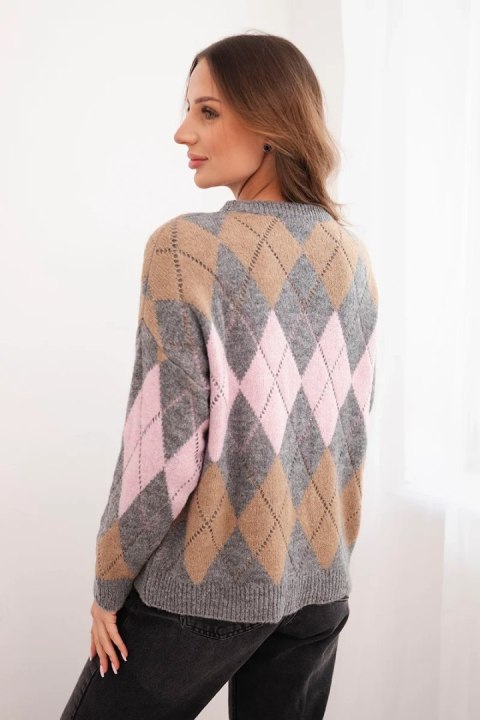 Sweter damski w romby z ażurem i okrągłym dekoltem szary