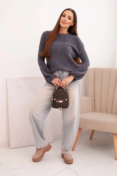 Sweter damski z baby alpaki z bufiastymi rękawami grafitowy