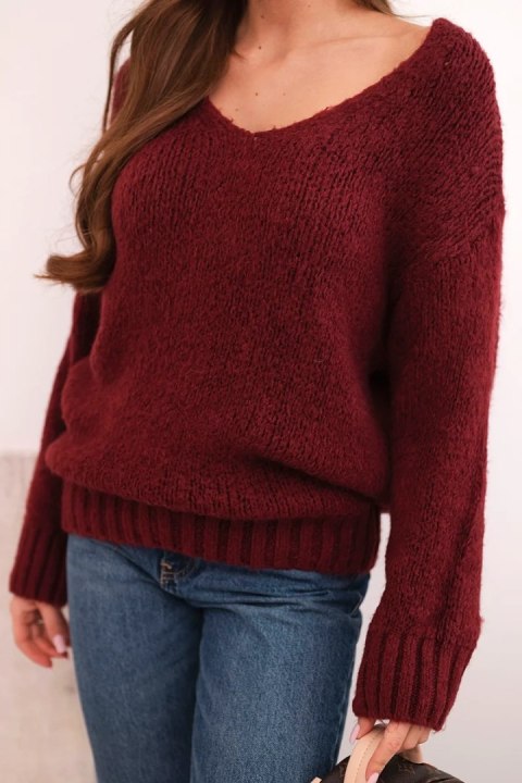 Sweter damski z miękkiej dzianiny z dekoltem V bordowy
