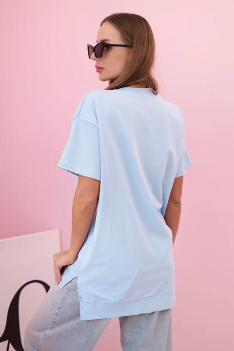 T-shirt damska oversize z sercem i frędzlami z krótkim rękawem niebieska