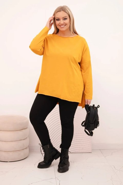 Bluzka damska Plus Size asymetryczna z długim rękawem musztardowa