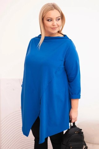 Bluzka damska bawełniana Plus Size asymetryczna z podwijanym rękawem chabrowa