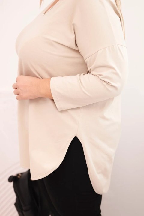 Bluzka damska bawełniana Plus Size z dekoltem V i podwijanym rękawem beżowa