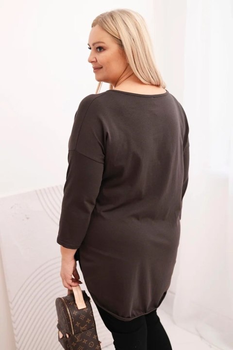 Bluzka damska bawełniana Plus Size z dekoltem V i podwijanym rękawem brązowa