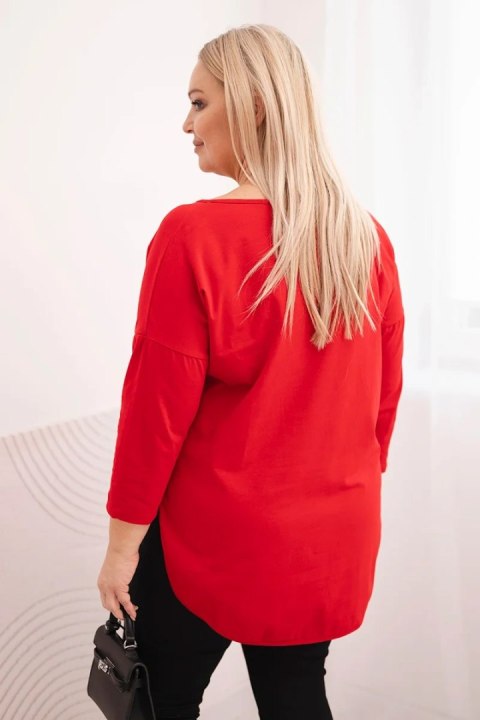 Bluzka damska bawełniana Plus Size z dekoltem V i podwijanym rękawem czerwona