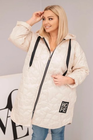 Kurtka damska Plus Size pikowana z kapturem i napisem HOPE jasno beżowa
