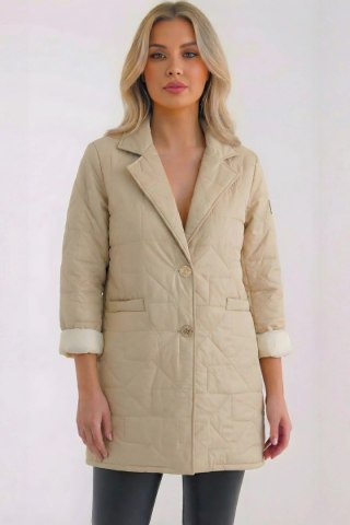 Kurtka damska Plus Size pikowana z ozdobnymi guzikami i kołnierzem ciemno beżowa