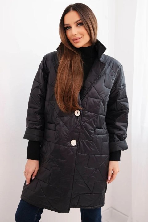 Kurtka damska Plus Size pikowana z ozdobnymi guzikami i kołnierzem czarna