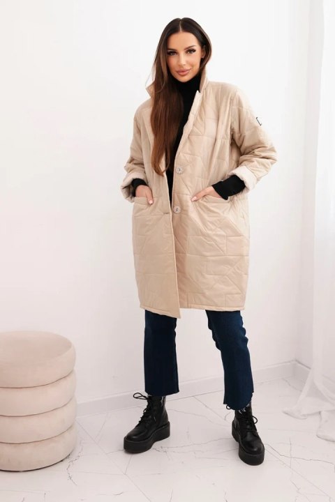 Kurtka damska Plus Size pikowana z ozdobnymi guzikami i kołnierzem jasno beżowa