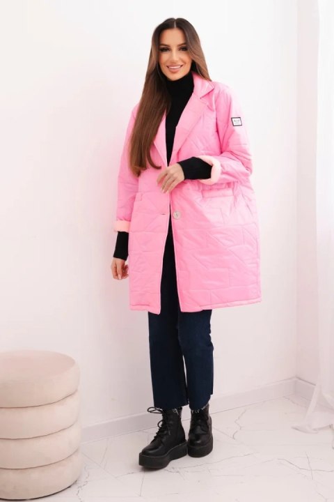 Kurtka damska Plus Size pikowana z ozdobnymi guzikami i kołnierzem jasno różowa