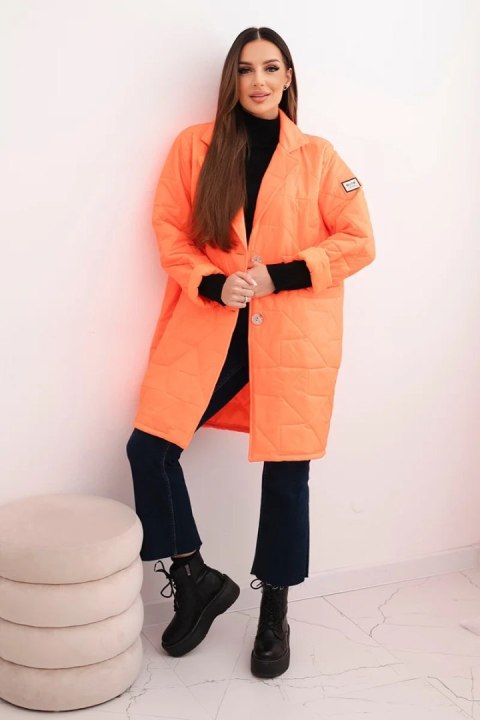 Kurtka damska Plus Size pikowana z ozdobnymi guzikami i kołnierzem pomarańczowy neon