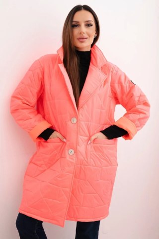 Kurtka damska Plus Size pikowana z ozdobnymi guzikami i kołnierzem różowy neon