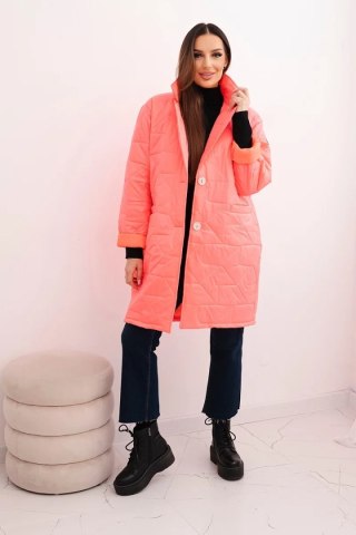 Kurtka damska Plus Size pikowana z ozdobnymi guzikami i kołnierzem różowy neon
