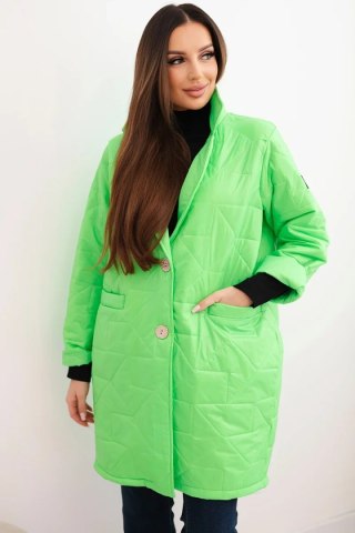Kurtka damska Plus Size pikowana z ozdobnymi guzikami i kołnierzem zielony neon