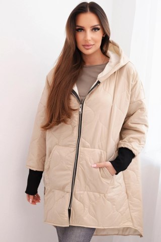Kurtka damska zimowa Plus Size pikowana z kapturem beżowa